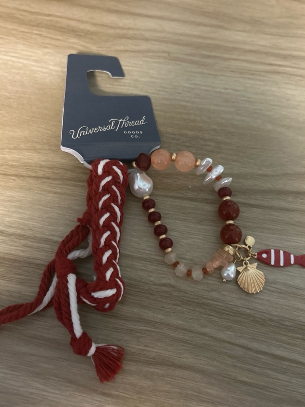 Universal Thread Red & white  Beaded Charm Bracelet with Gold Shell